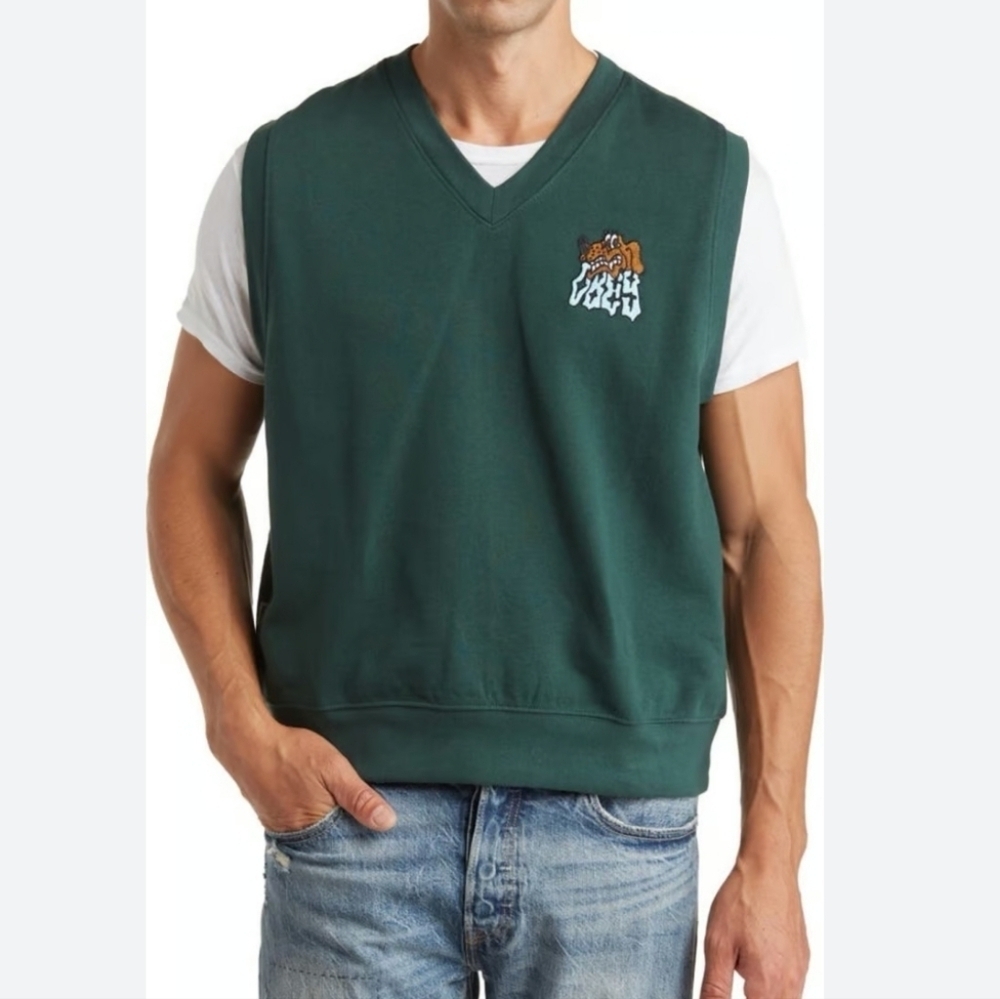 Obey Pine Green Vest Size M Slide Fleece Embroidered Dog Sleeveless Top Preppy